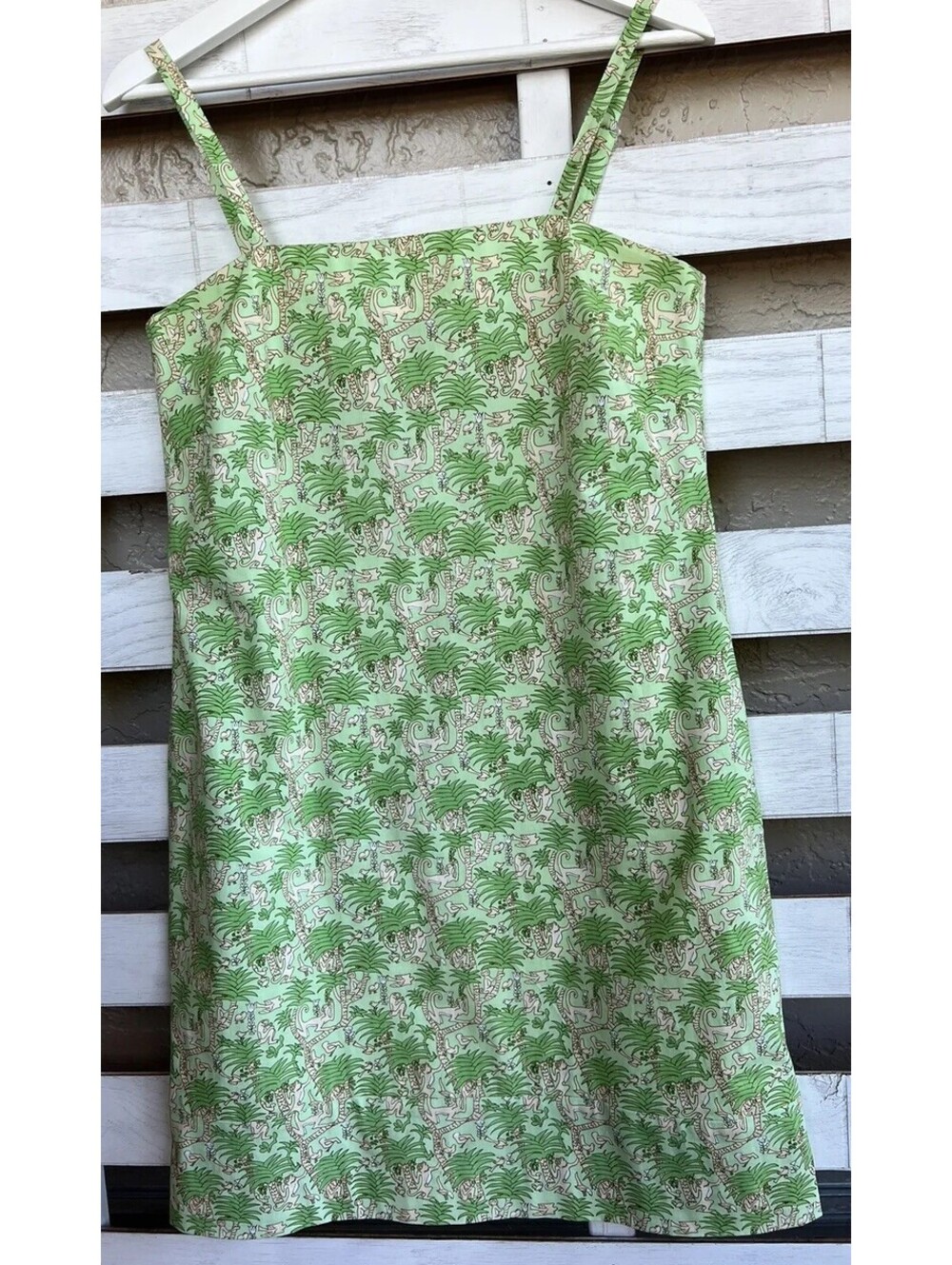 TIBI HYLAND Green Tropical Print Monkey Sheath Spaghetti Dress Size 10.